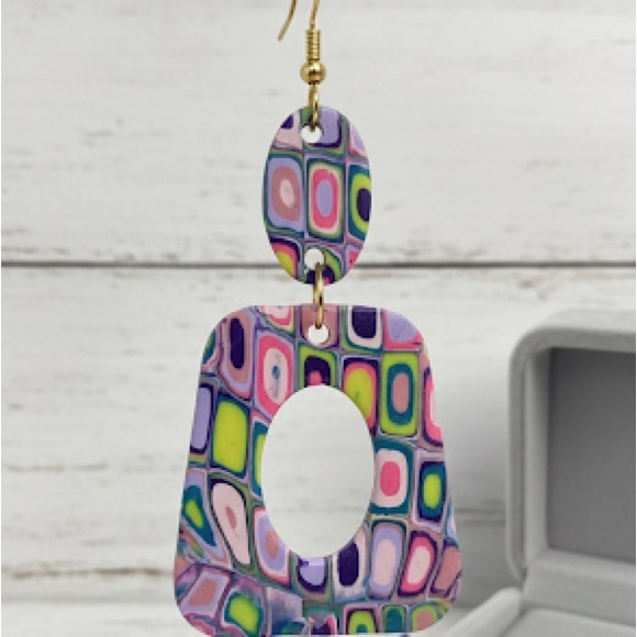 Handmade Geometric Dangle Earrings –Bold, Artsy, Handmade Polymer Clay Host Pick - Picture 6 of 15